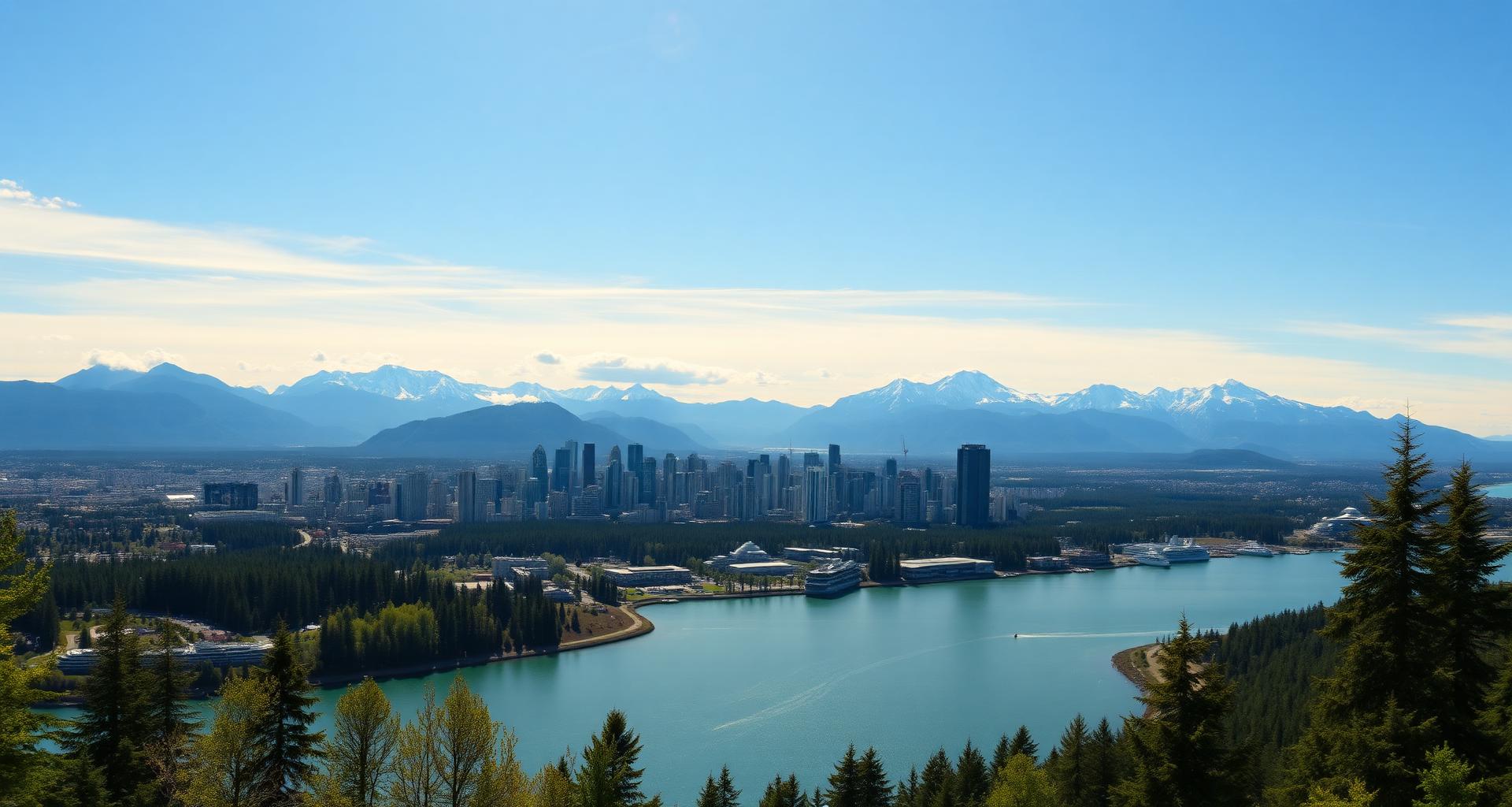 Canadian city skyline framed by the Rocky Mountains and Pacific coast